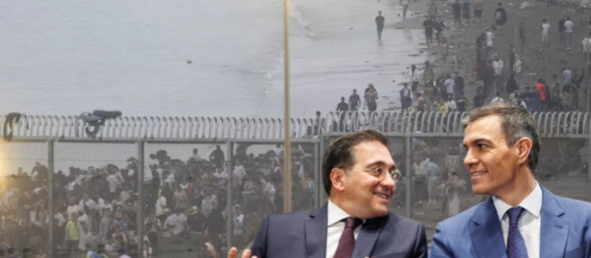 Al fondo el paso fronterizo del Tarajal colapsado por inmigrantes marroquíes durante el asalto a Ceuta (Europa Press)