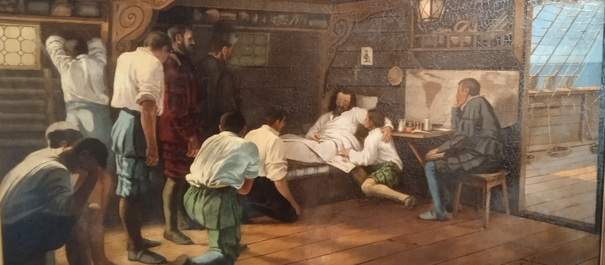 Juan Sebastián Elcano en su lecho de muerte, pintado por F. Guevara