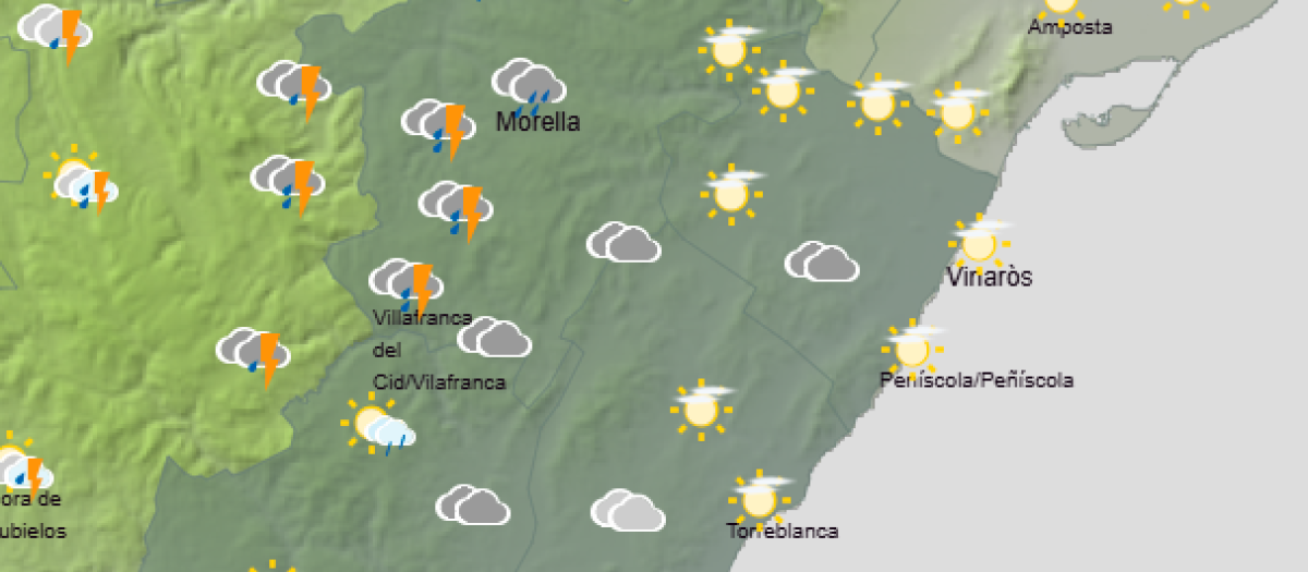 Mapa con la previsión de lluvias durante la tarde del viernes 7 de agosto en el interior norte de Castellón.