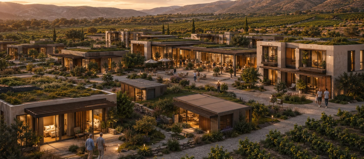 Render del proyecto de resort de lujo de casas modulares en el interior de Castellón