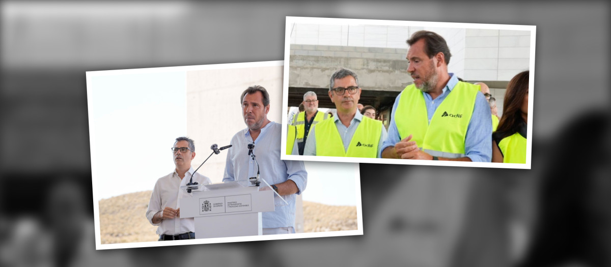 Félix Bolaños y Óscar Puente en sus sendas visitas a las obras del AVE en Almería en 2025 y 2026