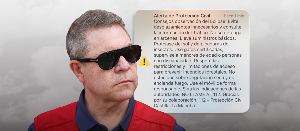 Montaje del presidente de Castilla-La Mancha Emiliano García-Page con el ES-Alert por el eclipse