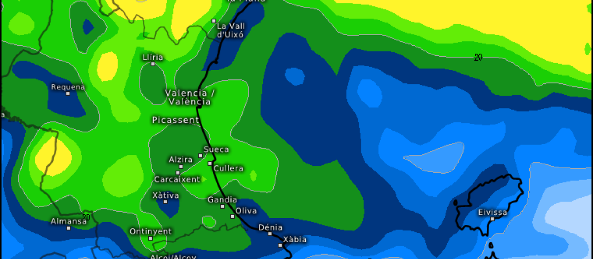 Mapa con el acumulado de lluvia previsto durante los próximos días por el modelo ECMWF en la Comunidad Valenciana.