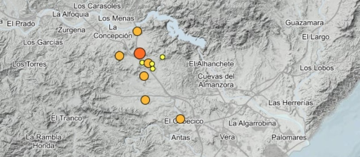 Mapa del IGN con la localización de los movimientos sísmicos registrados en el Levante almeriense