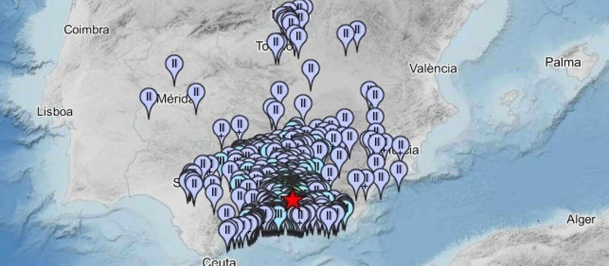 Mapa de intensidades del terremoto que se ha producido en la madrugada del sábado 15 de agosto de 2026 en la localidad granadida de Alhendín