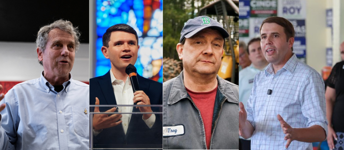 Candidatos demócratas al Senado de EE.UU. De Iz. a Dra. Sherrod Brown, James Talarico, Troy Jackson y Chris Pappas