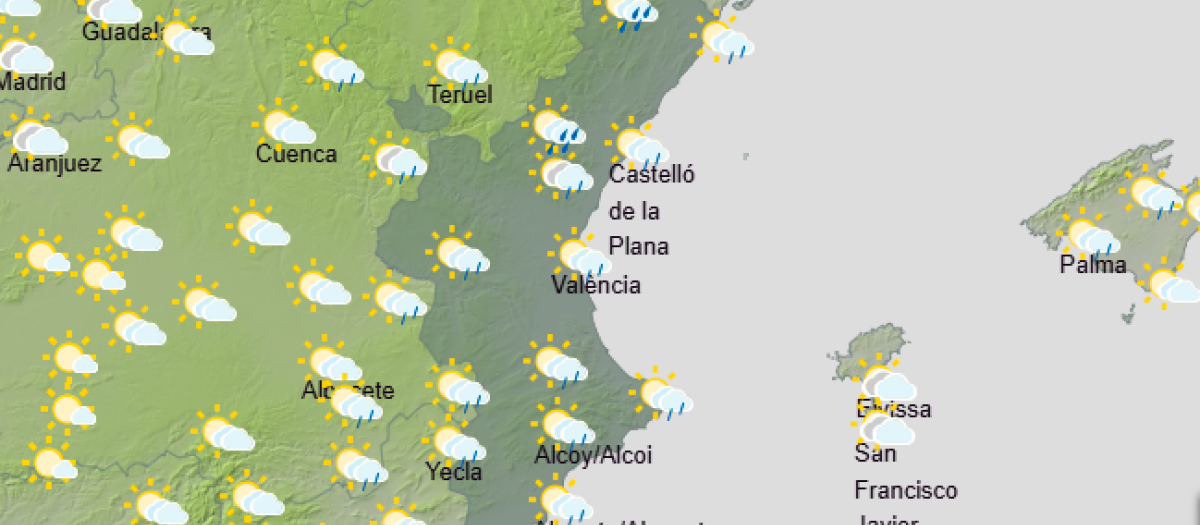 Mapa con la previsión de lluvias para el domingo 23 de agosto en la Comunidad Valenciana.