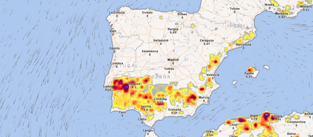 Densidad de rayos prevista para la tarde de este lunes