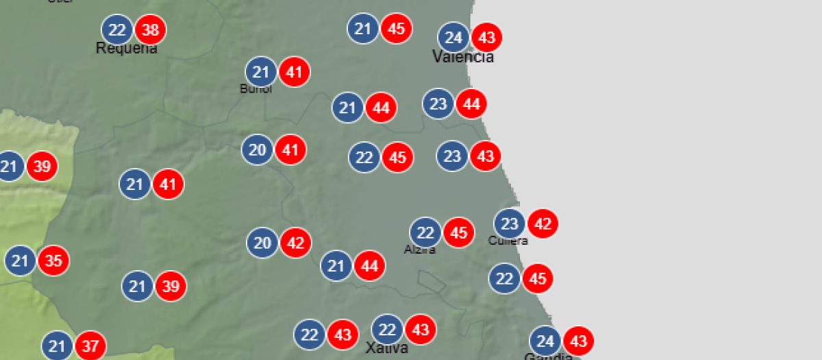 Mapa con las temperaturas previstas para este miércoles 19 de agosto en la Comunidad Valenciana.