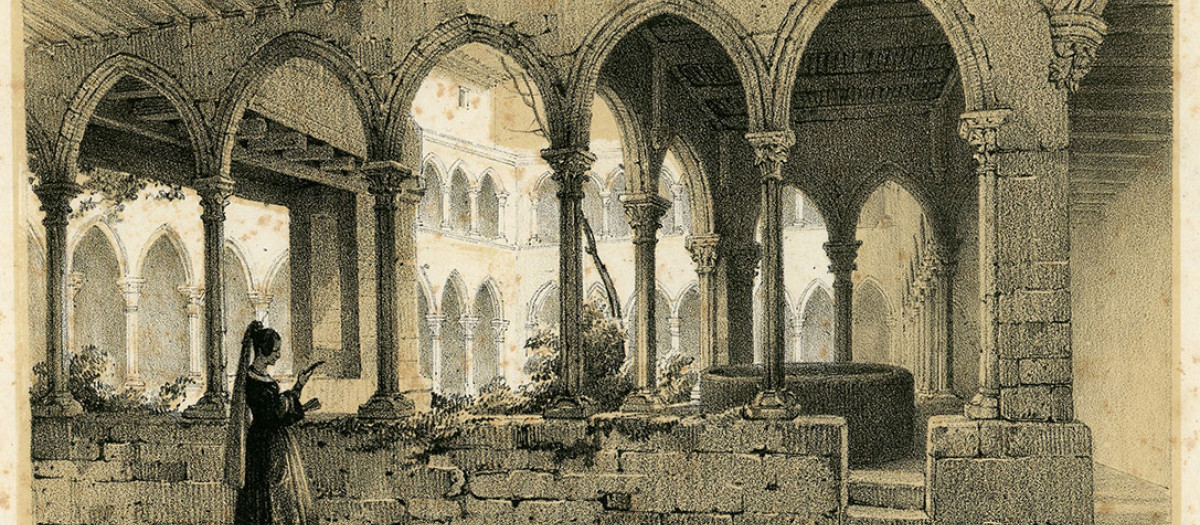 Grabado del claustro de Santa Maria de Montsió, en 1840