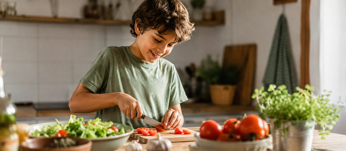 Un niño prepara una receta sencilla en la cocina
