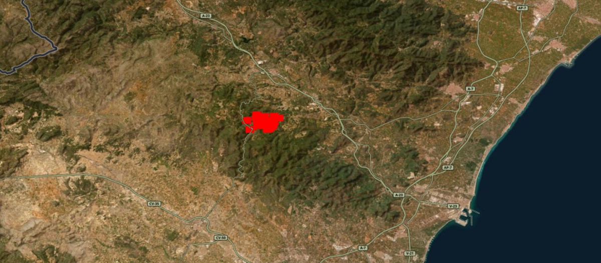 Imagen de FIRMS de la NASA, el servicio que registra los incendios