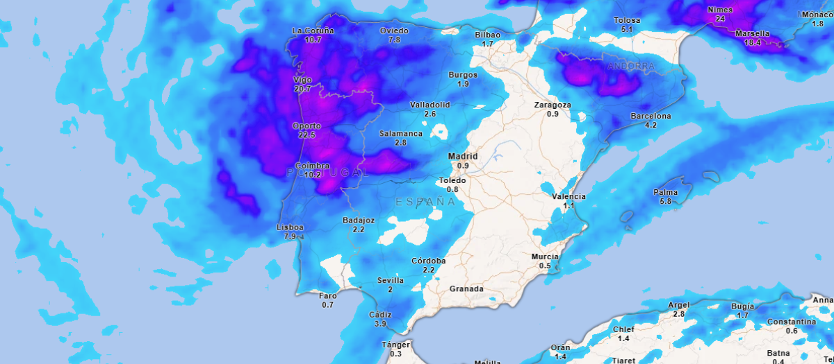 Precipitación acumulada hasta este lunes a las 0:00