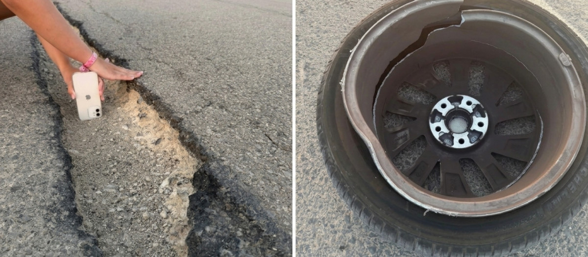 Así terminó la llanta del vehículo al pasar sobre el socavón