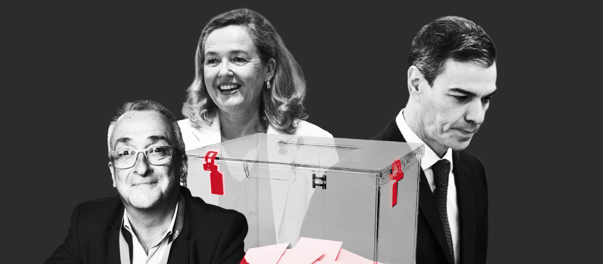 Montaje con Juan Manuel Rodríguez Poo, Nadia Calviño y Pedro Sánchez