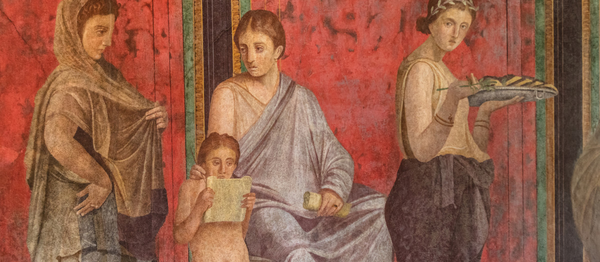 Frescos de la vida cotidiana de las familias de Roma en la Villa de los Misterios de Pompeya