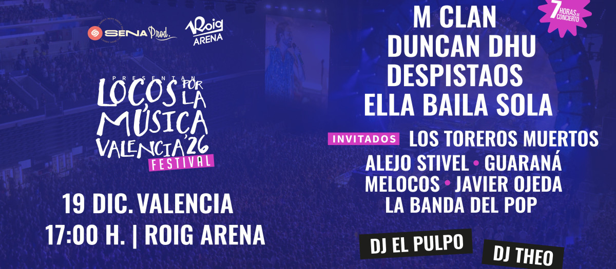 Cartel promocional del festival Locos por la Música en el Roig Arena de Valencia