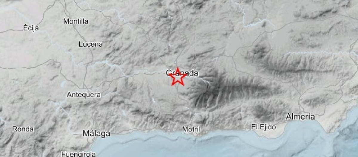 Mapa de la provincia de Granada con la señalización del epicentro de un seísmo sentido en Churriana de la Vega