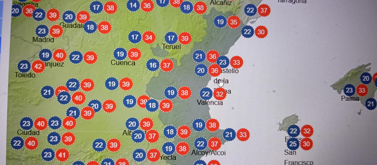 Imagen de la previsión de temperaturas de la Aemet