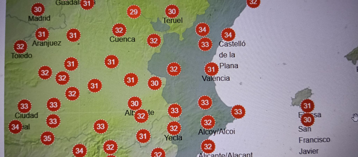 Imagen del mapa con la sensación térmica prevista este viernes