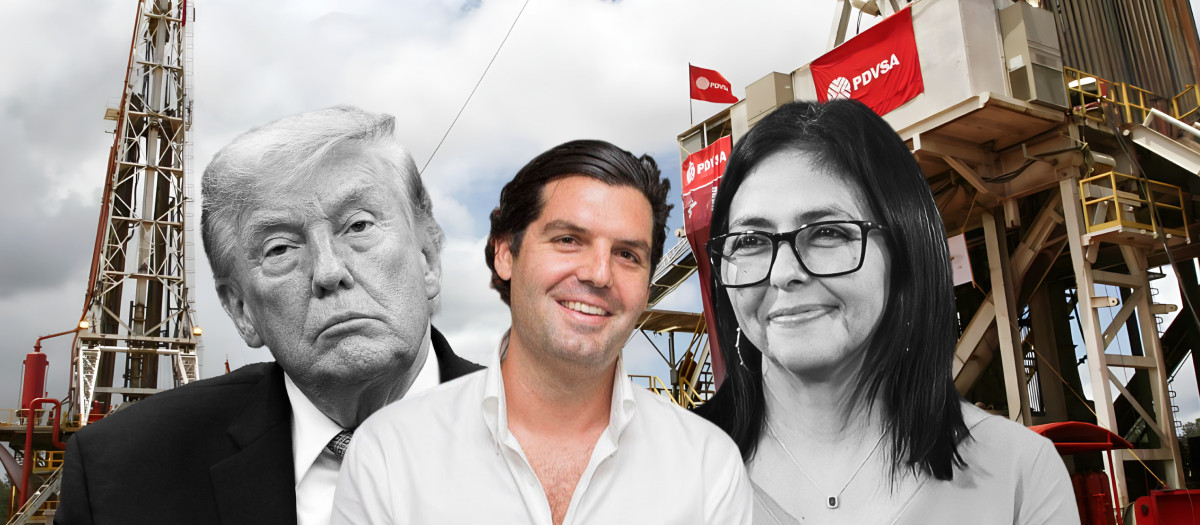 Alejandro Betancourt entre Donald Trump y Delcy Rodríguez con los pozos petroleros de telón de fondo