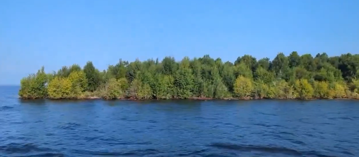La isla en el embalse del norte de la Columbia Británica