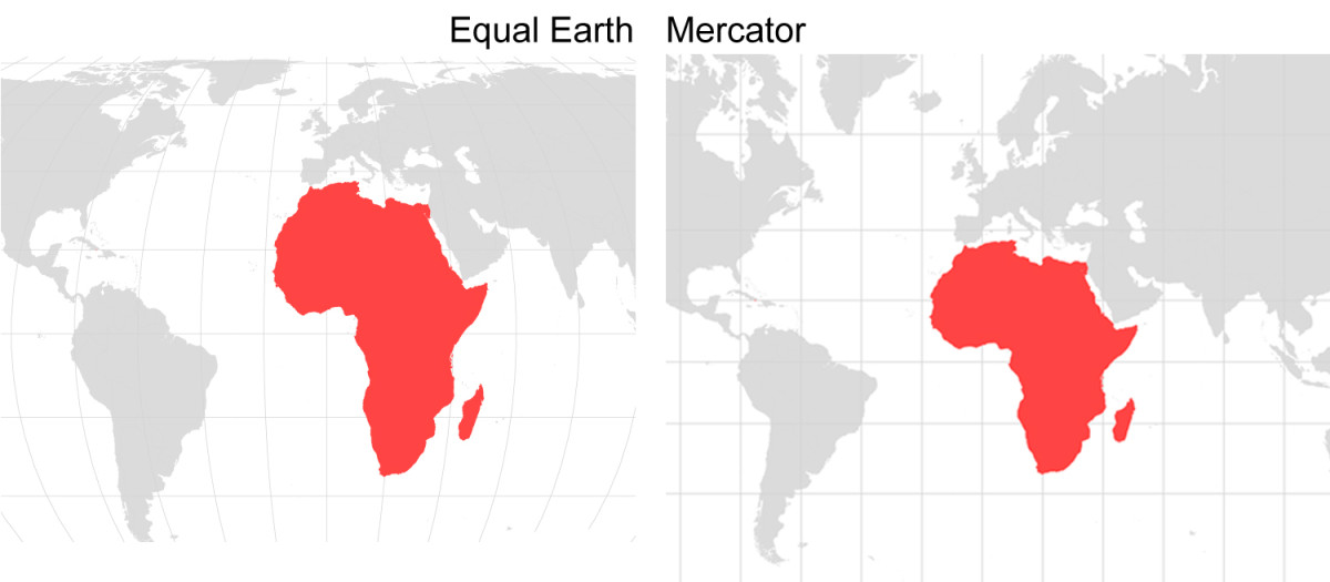 Mapa del mundo con la proyección Equal Earth y Mercator