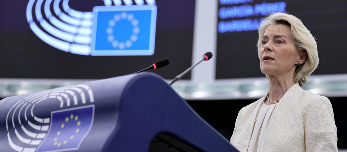 La presidenta de la Comisión Europea, Ursula Von der Leyen, durante el discurso sobre el Estado de la Unión que se está celebrando en Estrasburgo