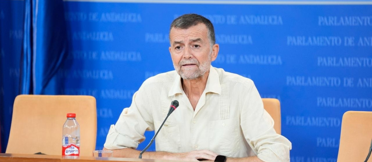 El portavoz del grupo Por Andalucía, Antonio Maíllo, en rueda de prensa en el Parlamento andaluz