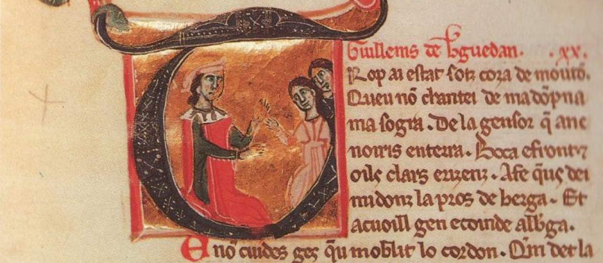 Imagen de un libro del trovador Guillem de Berguedam con dos damas