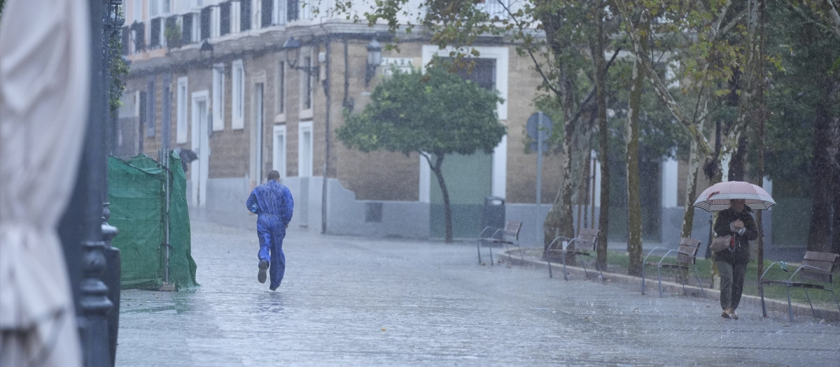 Transeúntes bajo sus paraguas durante la intensa lluvia