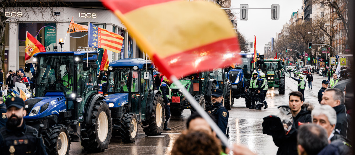 Decenas de manifestantes reciben a los primeros tractores que llegan a la ciudad durante una concentración en la Plaza de Colón, a 11 de febrero de 2026
