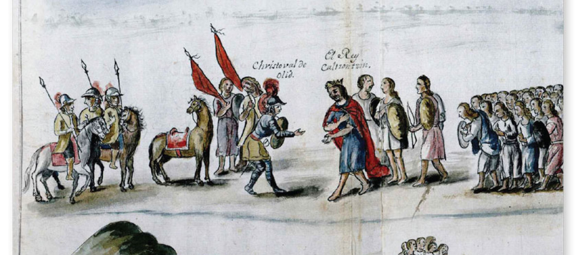 Lámina de la 'Crónica de Michoacán' que ilustra el encuentro pacífico entre el capitán español Cristóbal de Olid y el rey purépecha Caltzontzin en 1522.