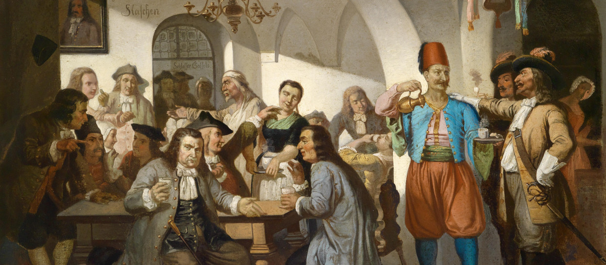 Esta pintura ilustra la legendaria fundación de The Blue Bottle Coffee House (Zu den blauen Flaschen o La Botella Azul), considerada una de las primeras cafeterías de Viena