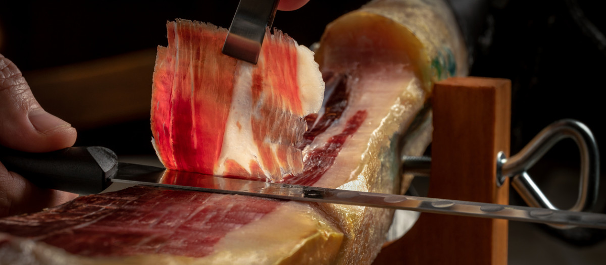 Close up of cutter gourmet hands slicing acorn fed iberian ham. Typical and traditional spanish delicatessen pork food.