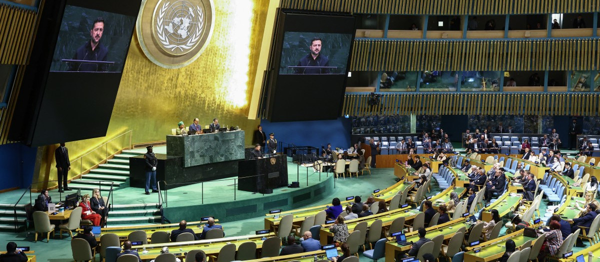 El presidente ucraniano, Volodímir Zelenski, durante su intervención ante la 81.ª Asamblea General de Naciones Unidas, en Nueva York