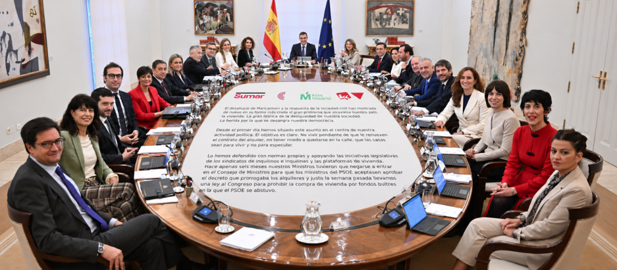 Imagen de un Consejo de Ministros reciente y el comunicado de Sumar