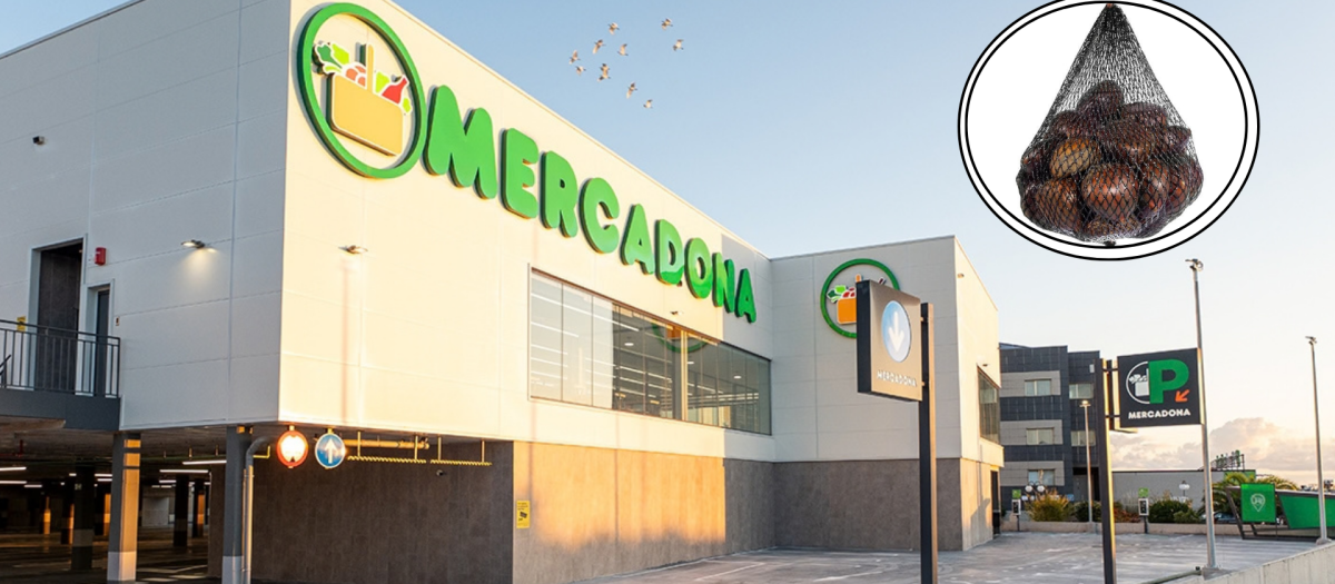Imagen de un supermercado de Mercadona y una de las mallas de castañas ya a la venta