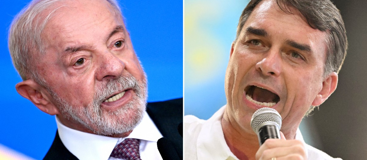 (COMBO) This combination of file pictures created on Setember 29, 2026, shows Brazil's President Luiz Inacio Lula da Silva at the Planalto Palace in Brasilia on September 16, 2026; and Brazil's right-wing Presidential candidate Flavio Bolsonaro at the Maracanazinho gymnasium in Rio de Janeiro, Brazil, on August 22, 2026. Brazilians will go to the polls next October 4 once again deeply polarized and under the shadow of US President Donald Trump, who has backed conservative candidates in recent elections in Latin America. (Photo by Evaristo SA and Mauro PIMENTEL / AFP)