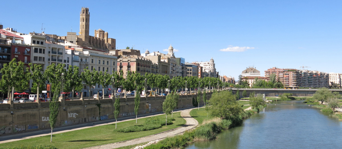 Panorama of Lleida. In the background the Seu (Old Cathedral). Catalonia, Spain.