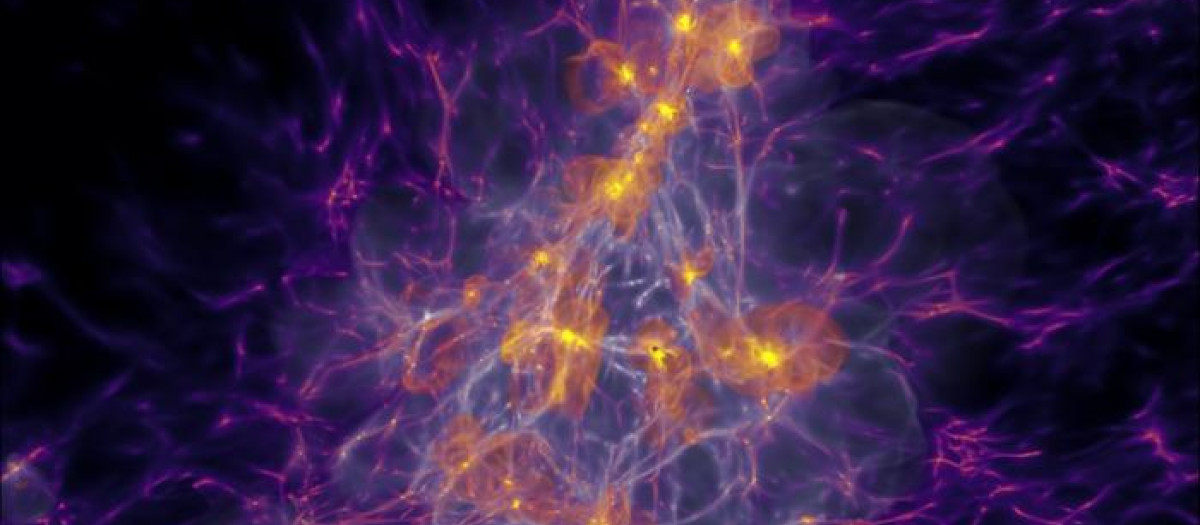 A medida que las estrellas nacen y mueren, producen oxígeno (amarillo) y fotones (blanco)