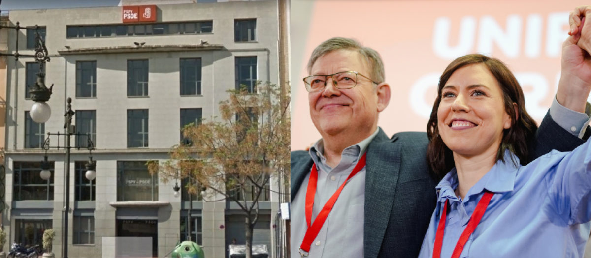 Imagen a la izquierda de la antigua sede del PSOE en la ciudad de Valencia y a la izquierda Ximo Puig con Diana Morant.