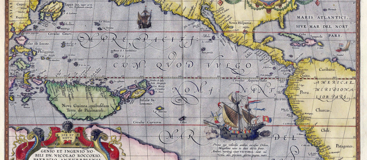 Maris Pacifici de Ortelius (1589). Uno de los primeros mapas impresos que muestran el océano Pacífico