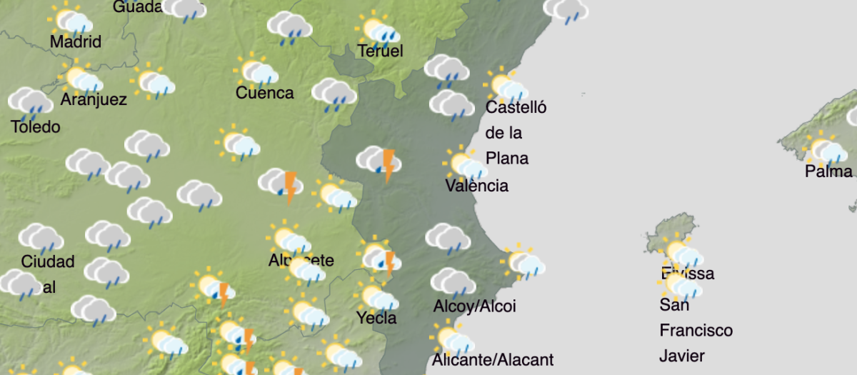 Mapa con la previsión de lluvias en Valencia.