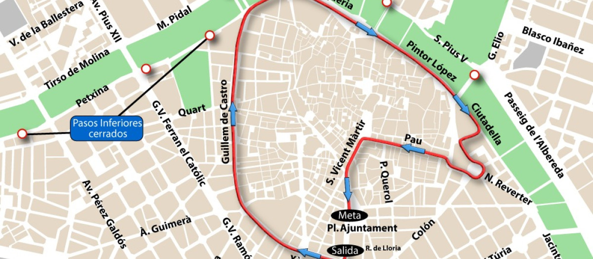 Mapa con las calles cortadas este domingo en Valencia por la Volta a Peu de Fallas
