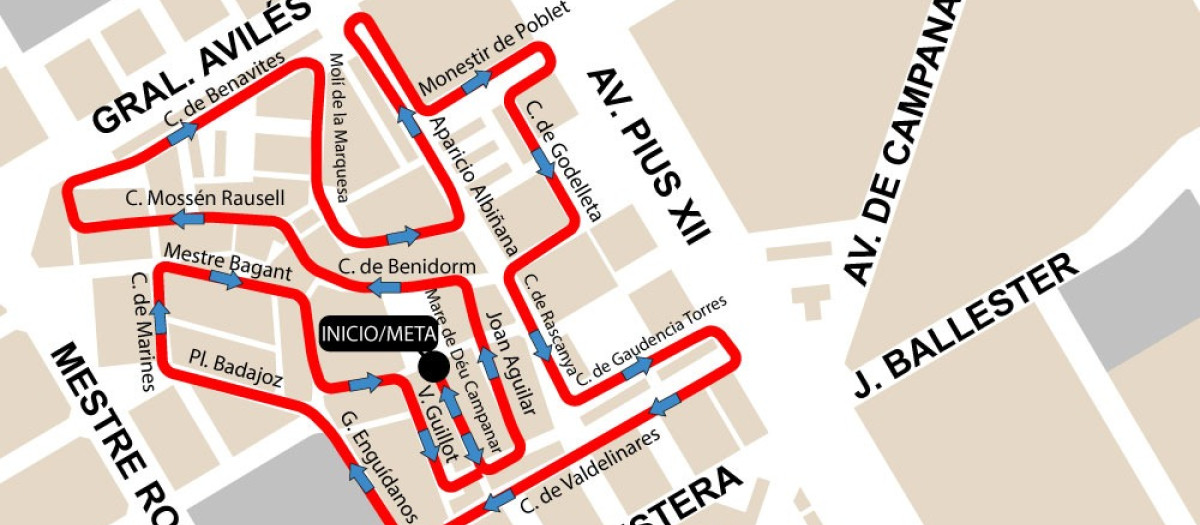 Mapa de las calles cortadas este domingo en Valencia por la Volta a Peu en Campanar