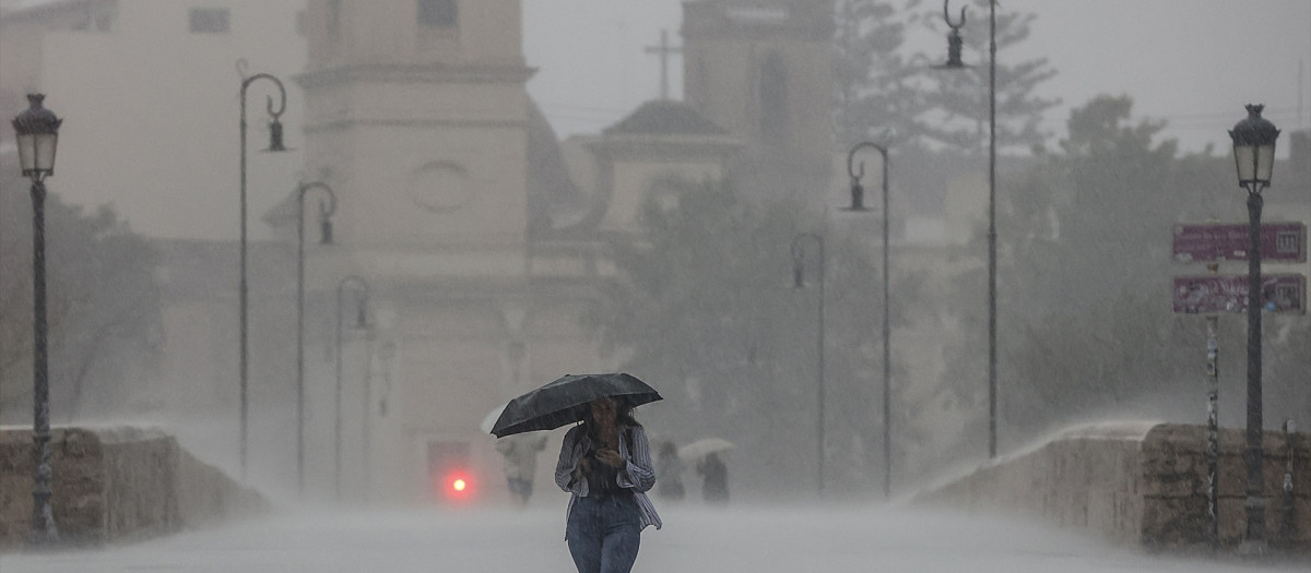 Una persona camina con un paraguas bajo la lluvia