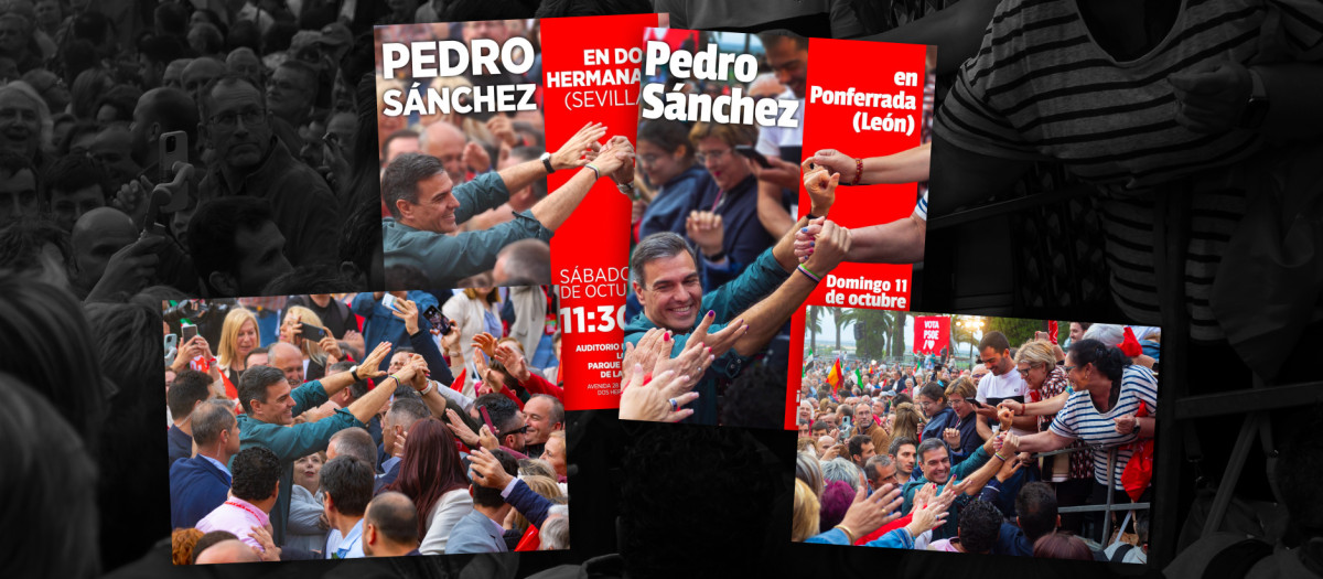 Los carteles del PSOE y las fotos originales, de un mitin en Badajoz el 23 de mayo de 2023