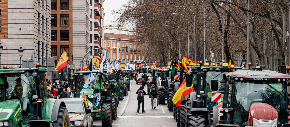 Decenas de tractores recorren las calles de Madrid camino del Ministerio de Agricultura en febrero de 2026