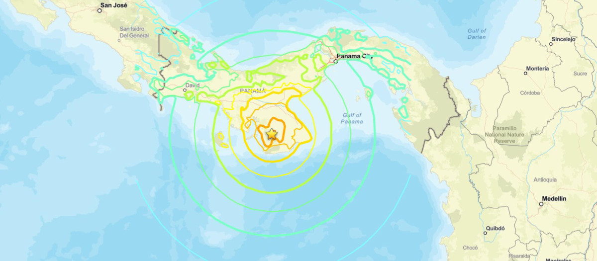 Imagen difundida por el Servicio Geológico de Estados Unidos (USGS) del epicentro de un terremoto de 7,6 de magnitud que sacudió este viernes el sureste de Panamá